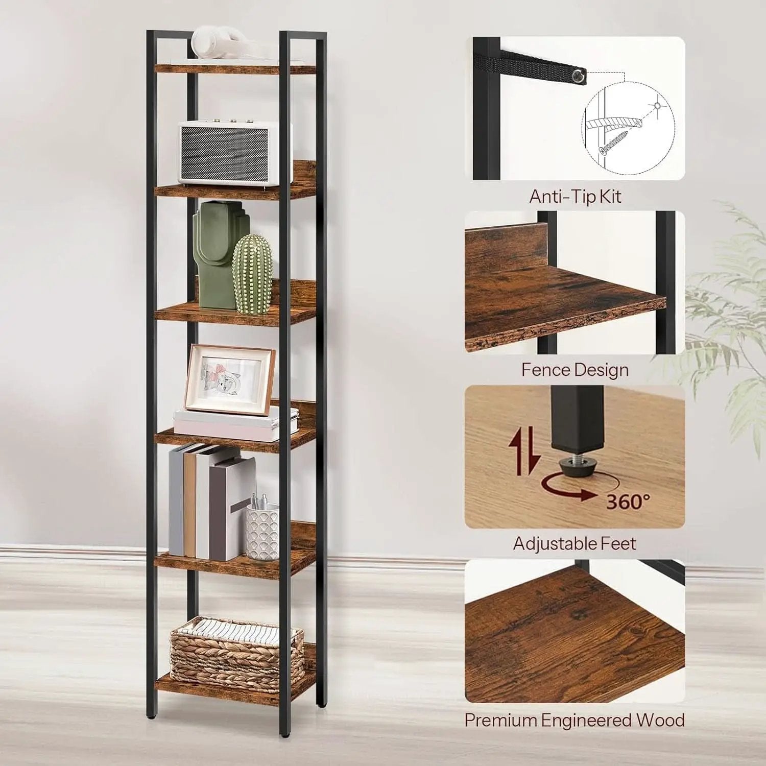 Six Tier Standing Bookcase In Rustic Brown And Black For Small Spaces from PriceLows™