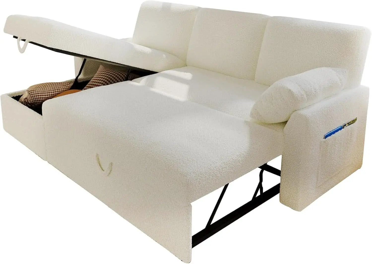 Sleeper Sofa Bed With Storage Chaise In White Boucle from PriceLows™