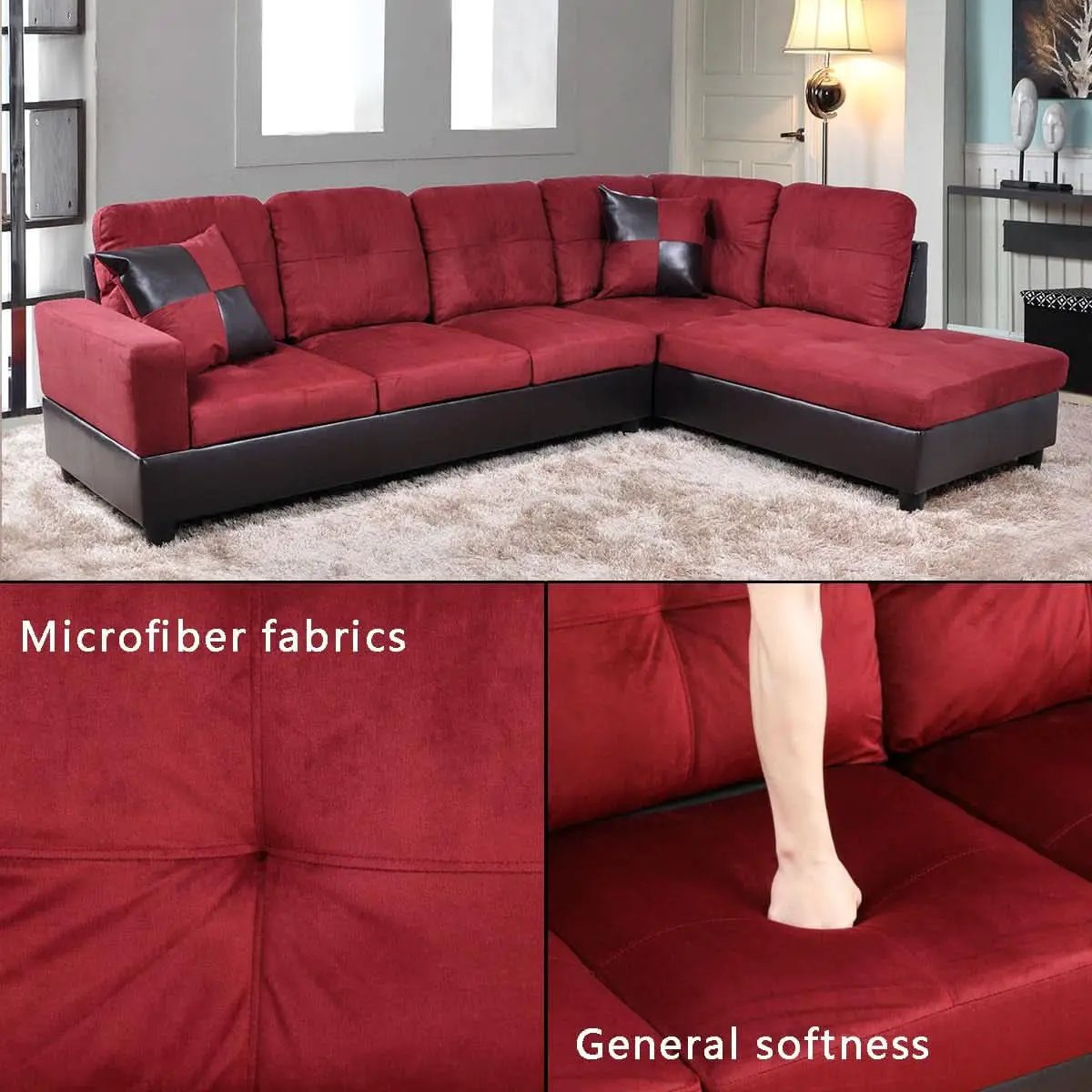 2 Piece Sectional Sofa Set L Shape Microfiber With Chaise Red Right Hand Facing Living Room from PriceLows™