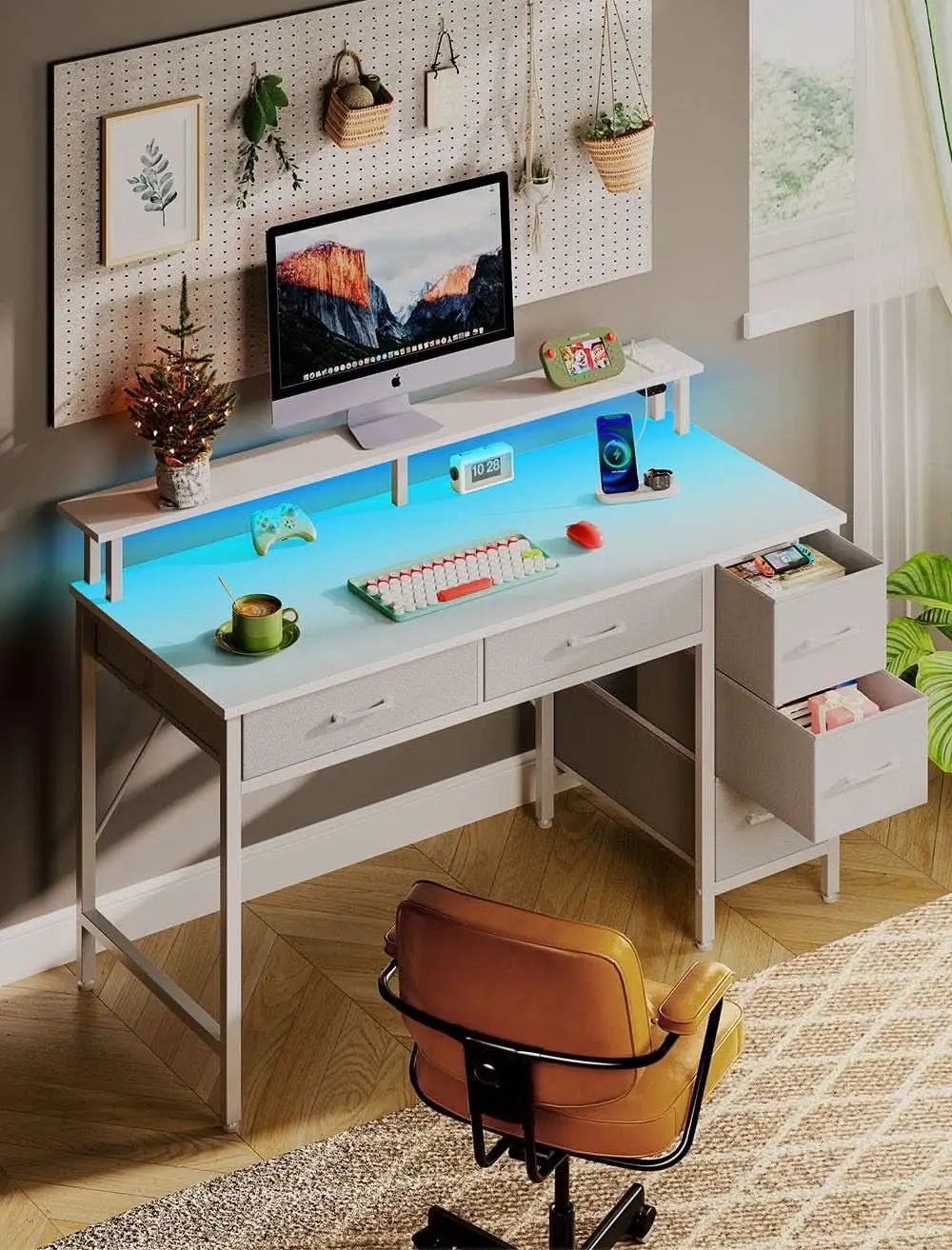 39 Inch Computer Desk Power Outlets LED Light White from PriceLows™