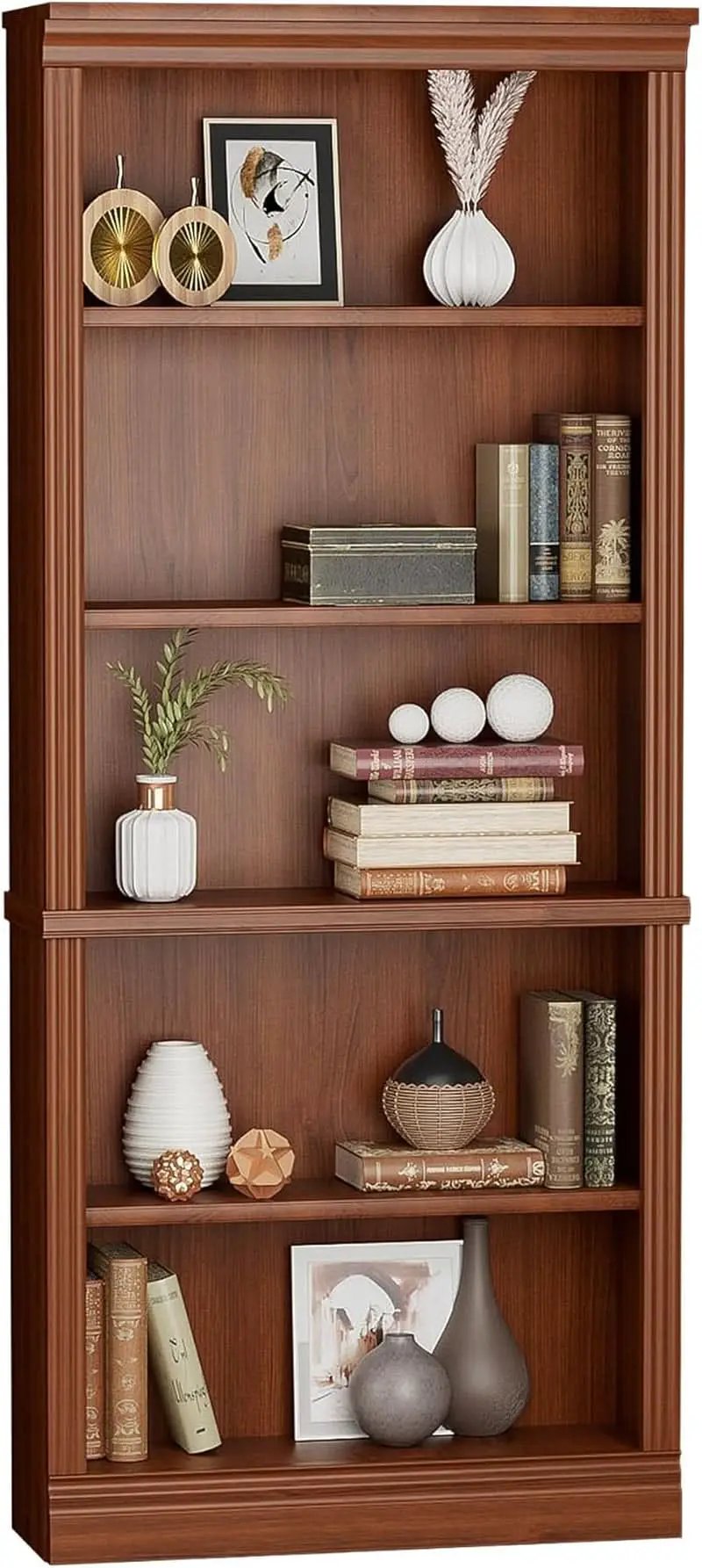 Five Shelf Tall Bookcase 72 Inch Cherry Wood Open Display from PriceLows™