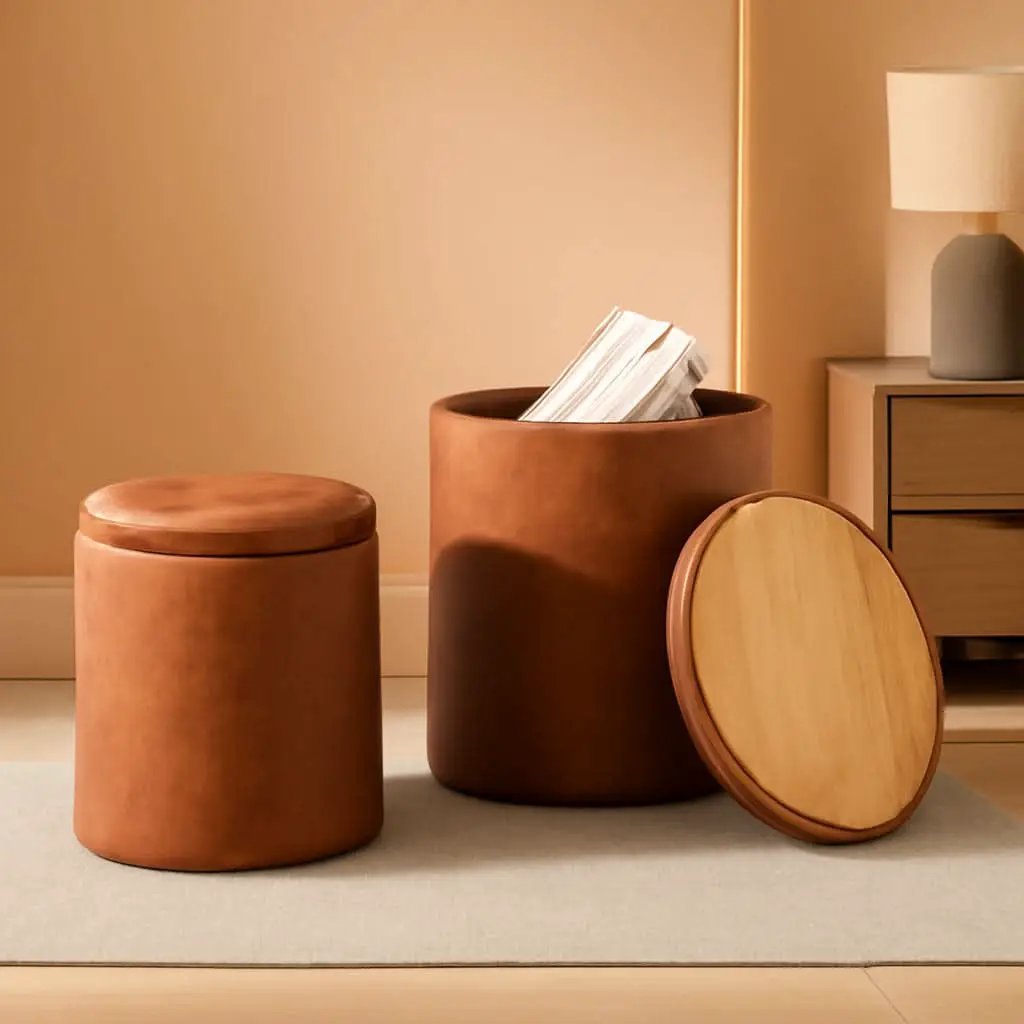 Dark Brown Faux Leather Round Storage Ottoman from PriceLows™