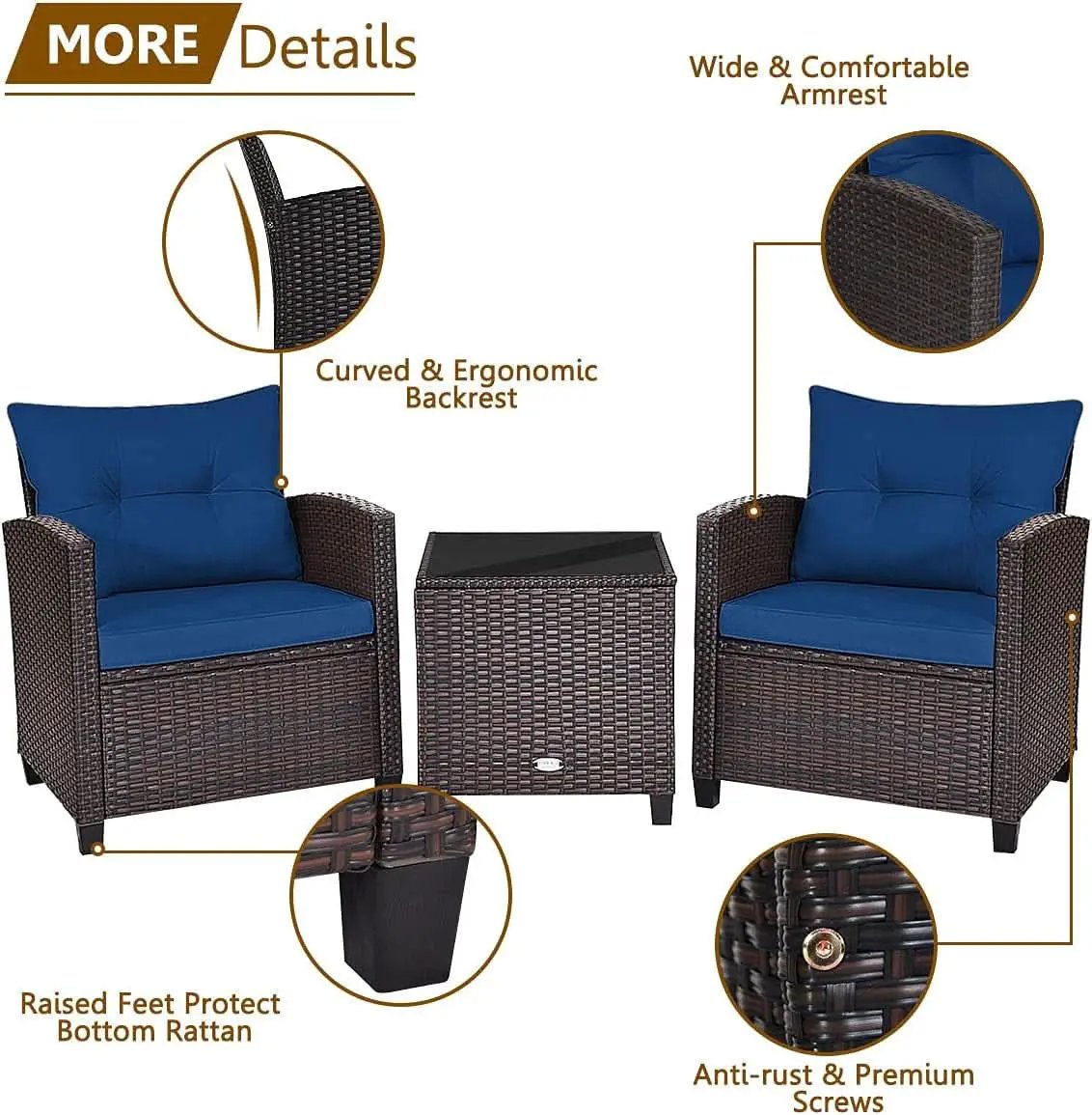 Three Piece Patio Furniture Set With Washable Cushions And Tempered Glass Tabletop Navy Blue from PriceLows™