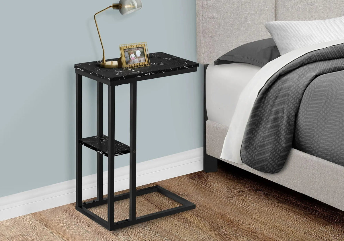 Marble Look C-Shaped Accent Table | Durable Metal Frame | Rectangular Tabletop | Portable Design