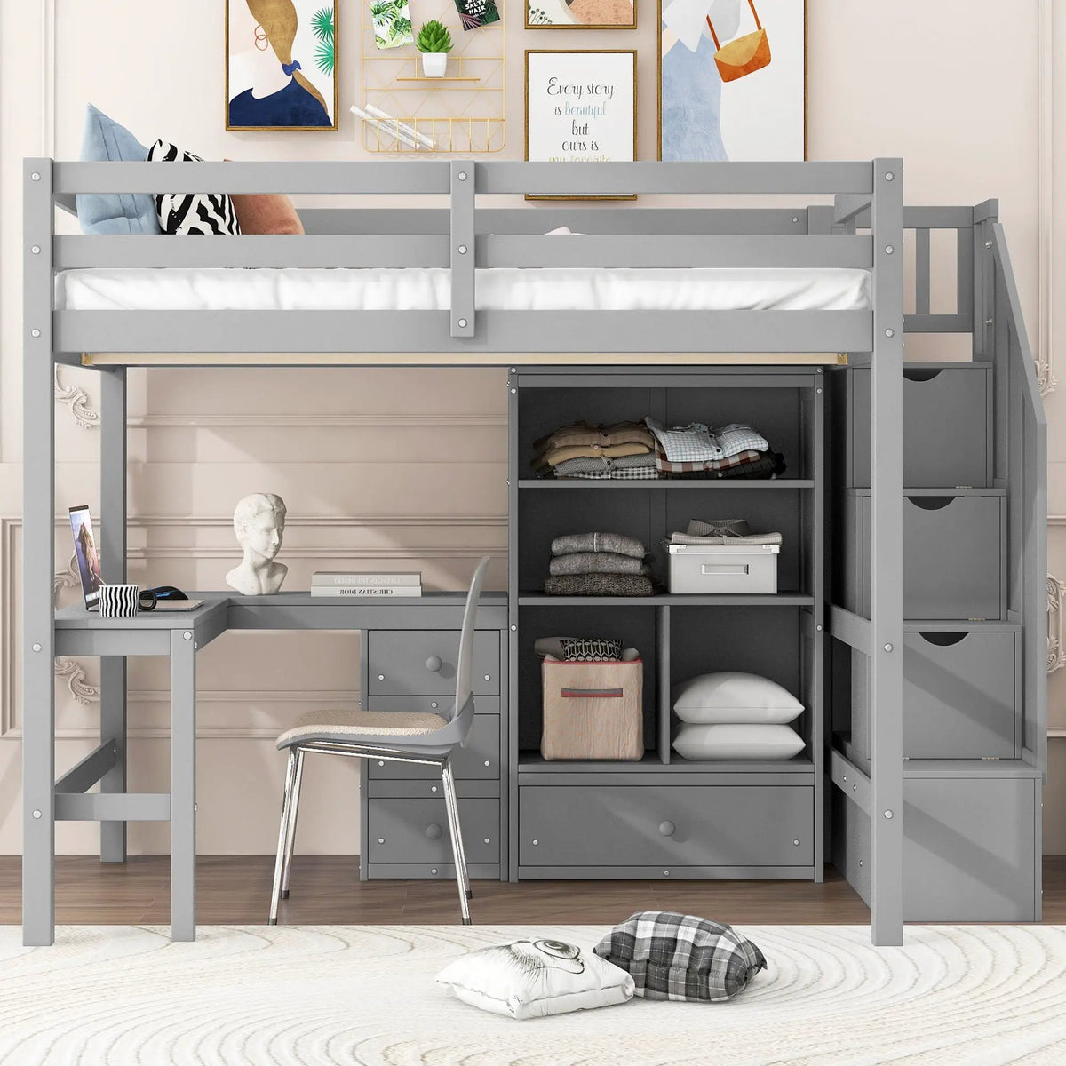 Loft Bed With L-Shaped Desk | Three Drawers | Cabinet | Storage Staircase