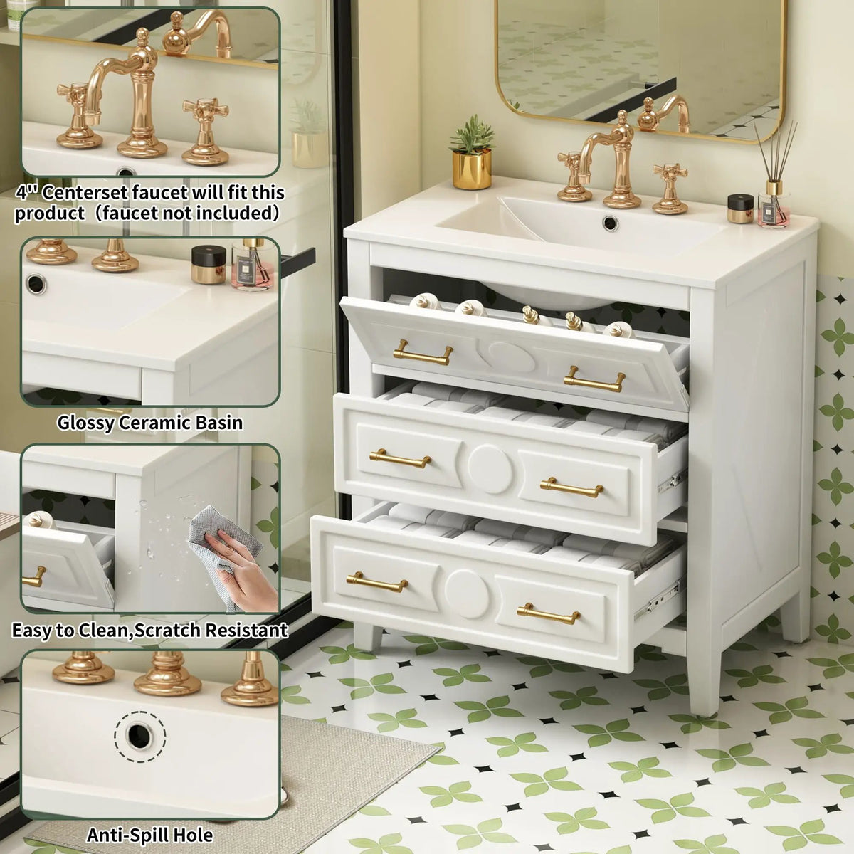 30 Inch Retro Bathroom Vanity | Free Standing Single Set | 3 Drawers | Solid Wood Frame
