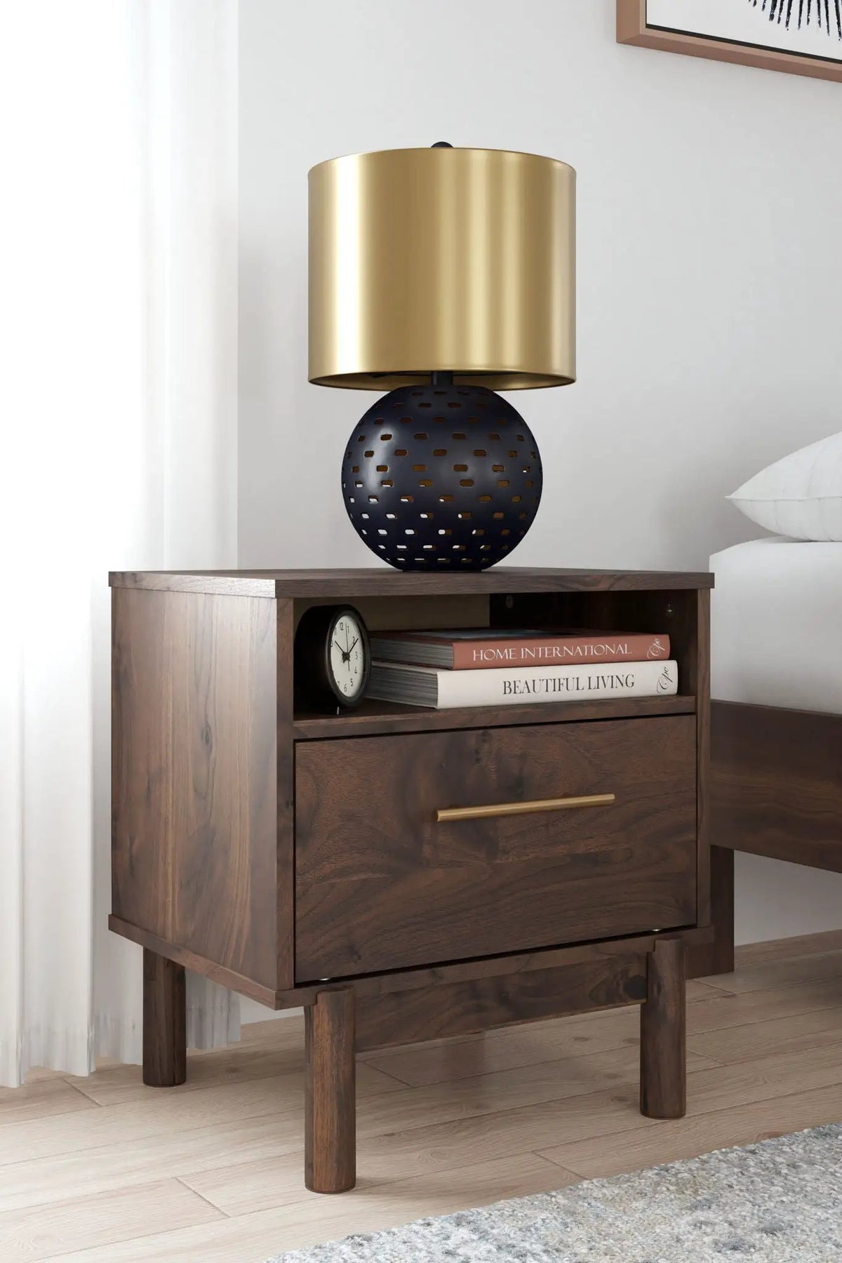 Calverson Nightstand | Industrial Style | Replicated Walnut Grain | Burnished Hardware