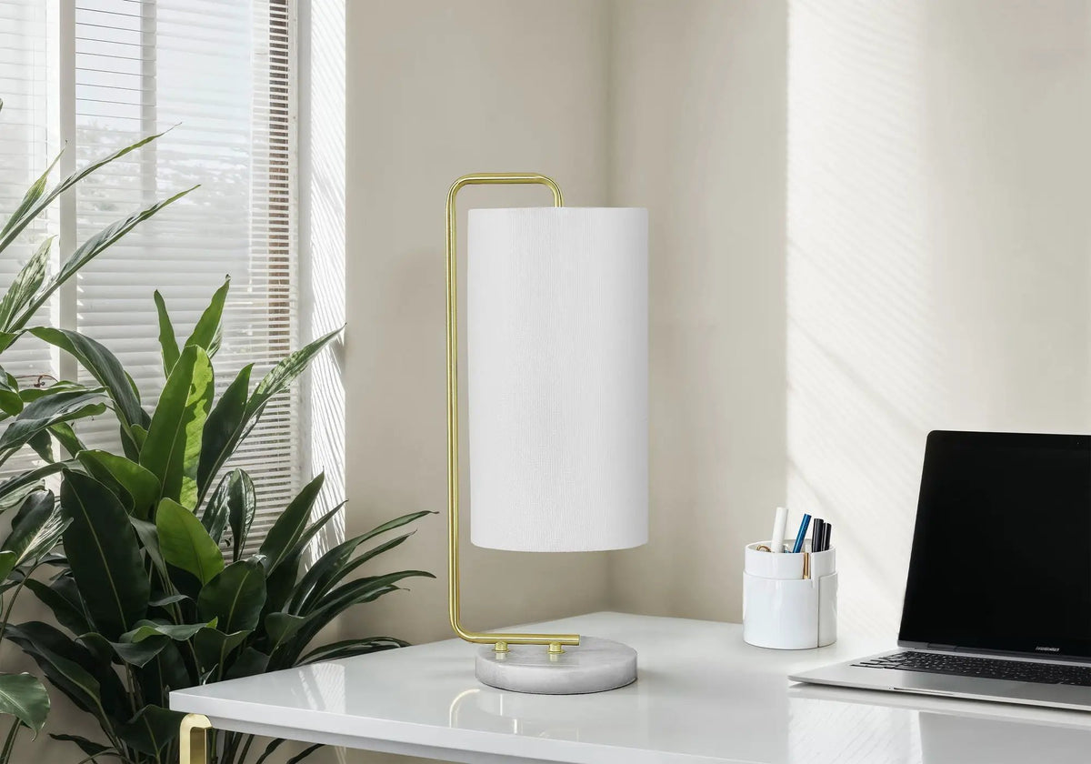White Marble Table Lamp | Gold Metal Arm | 20 Inch Height | Rocker Switch