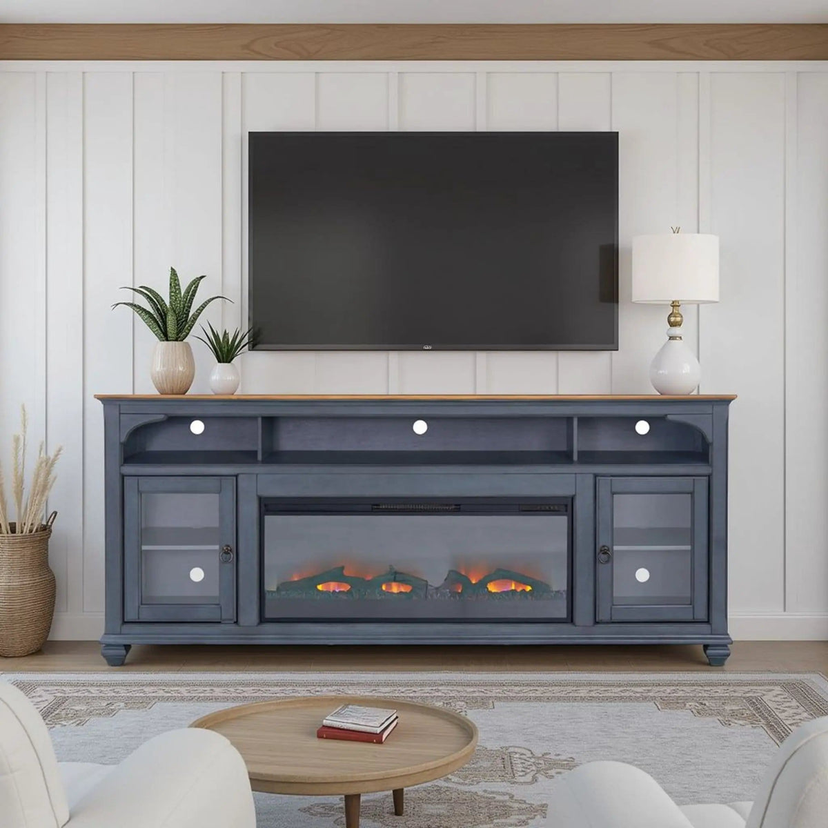 Fireplace TV Stand For TVs Up To 95" - | 86 x 18 x 34 in | Glass | Blue