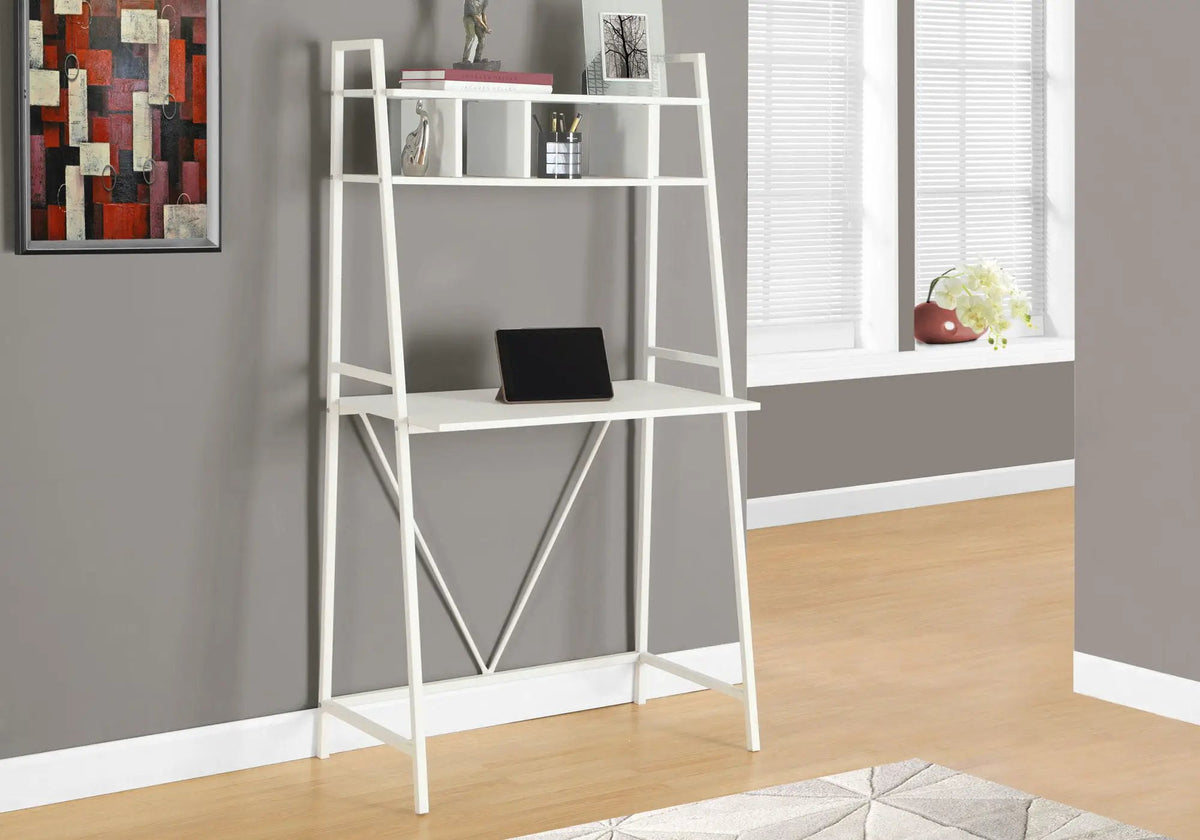 White Leaning Computer Desk | 60.25 Inch Height | 3 Ladder-Style Shelves | Spacious Top