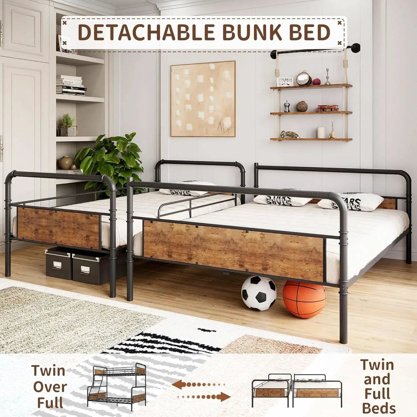 Twin Over Full Metal Bunk Bed Vintage Brown Space Saving from PriceLows™