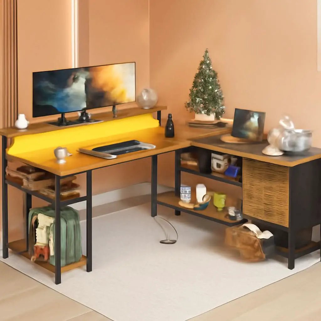 61 Inch L Shaped Desk With Power Outlets And LED Lights from PriceLows™