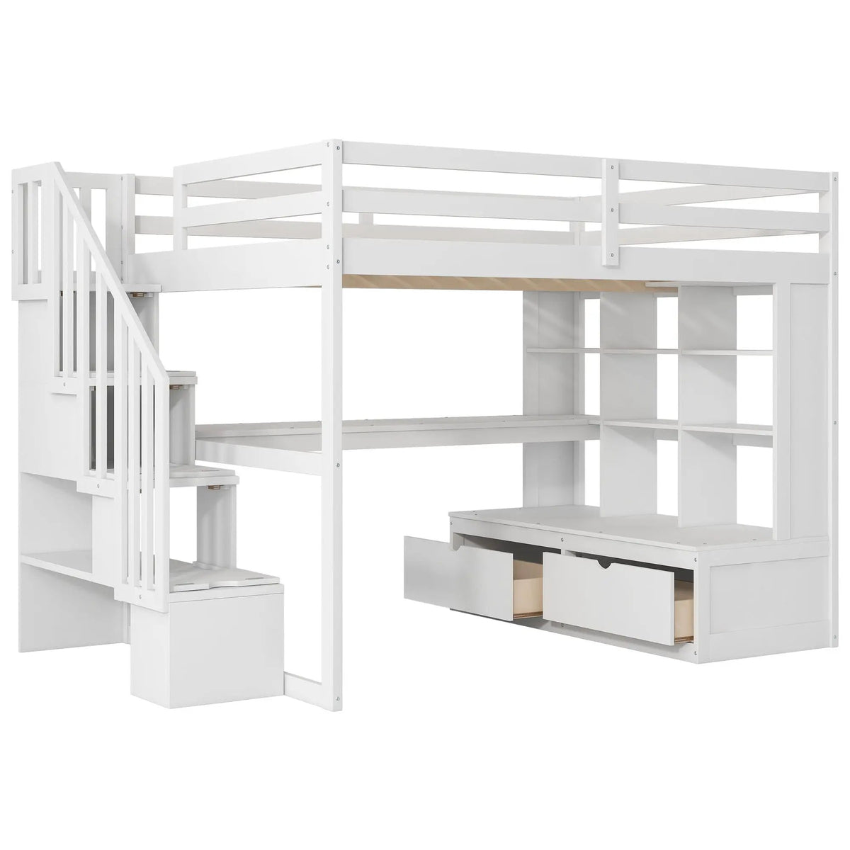 Full Size Loft Bed | Desk And Shelves | Storage Staircase | White
