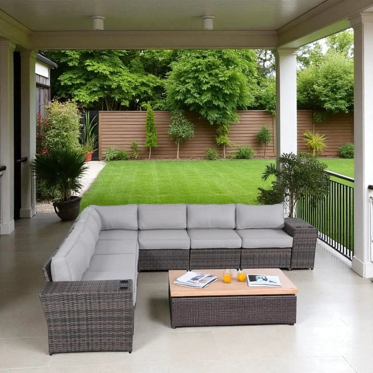 Modern Rattan Wicker Seating Group With Cushions Stationary Sectional | 102 x 102 x 26 in | Rattan & Wicker | Living Room
