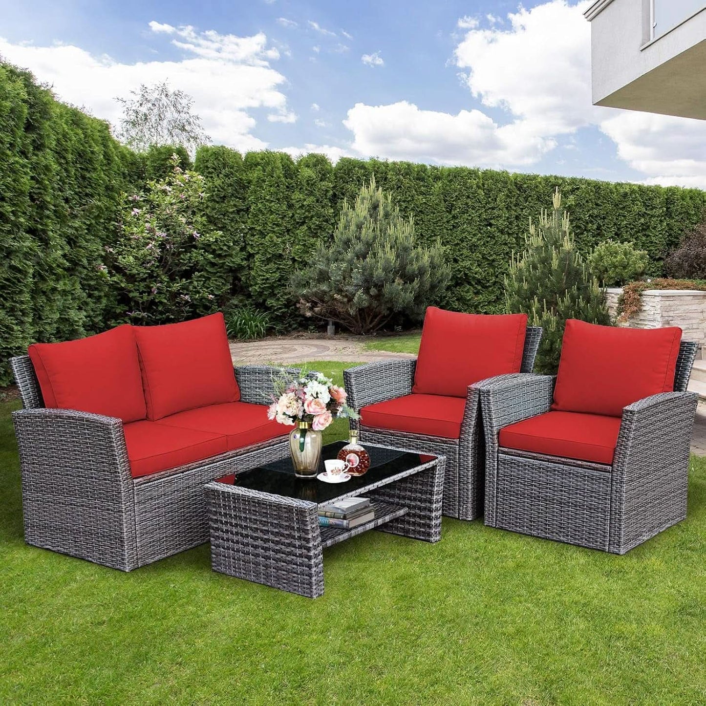 4 Piece All Weather Patio Furniture Set With Cushions And Glass Table from PriceLows™
