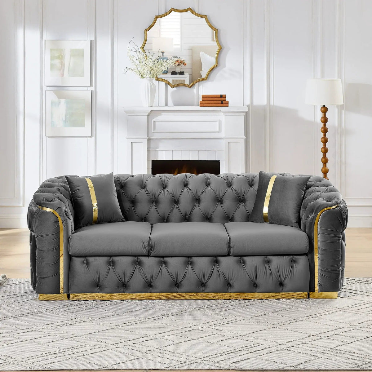 Button Tufted Chesterfield Sofa | 3 Seater | 2 Decorative Pillows | 90.6 Inch Length