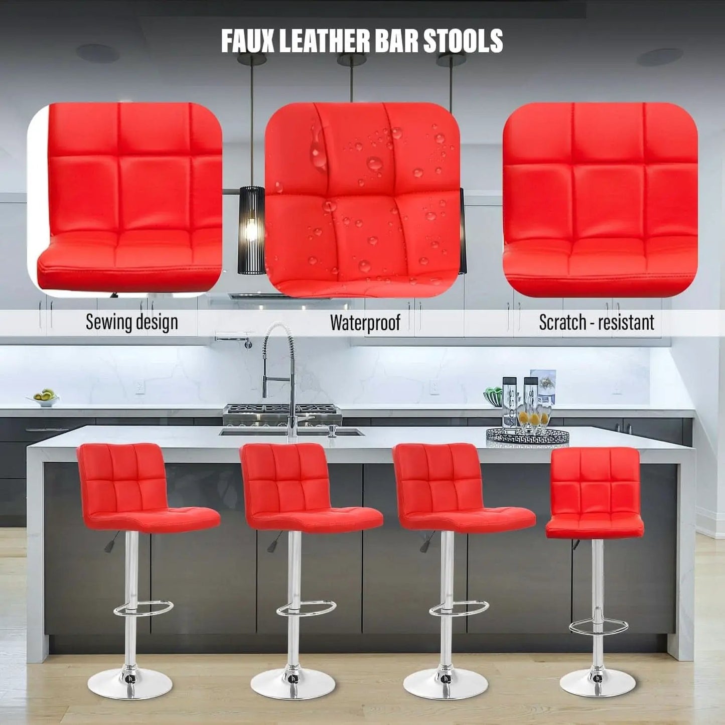 Red Adjustable Swivel Bar Stools Set Of 2 PU Leather from PriceLows™