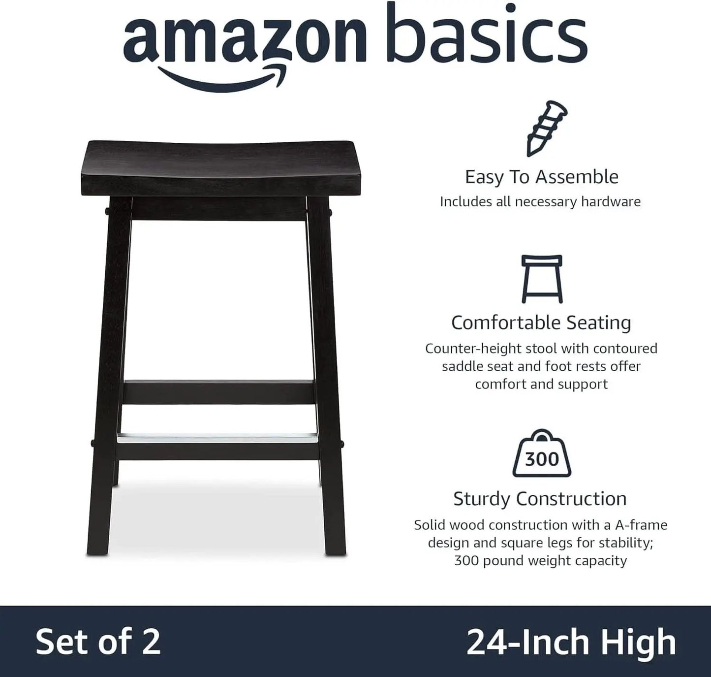Solid Wood Saddle Bar Stool Counter Height Set 2 Black 24In from PriceLows™