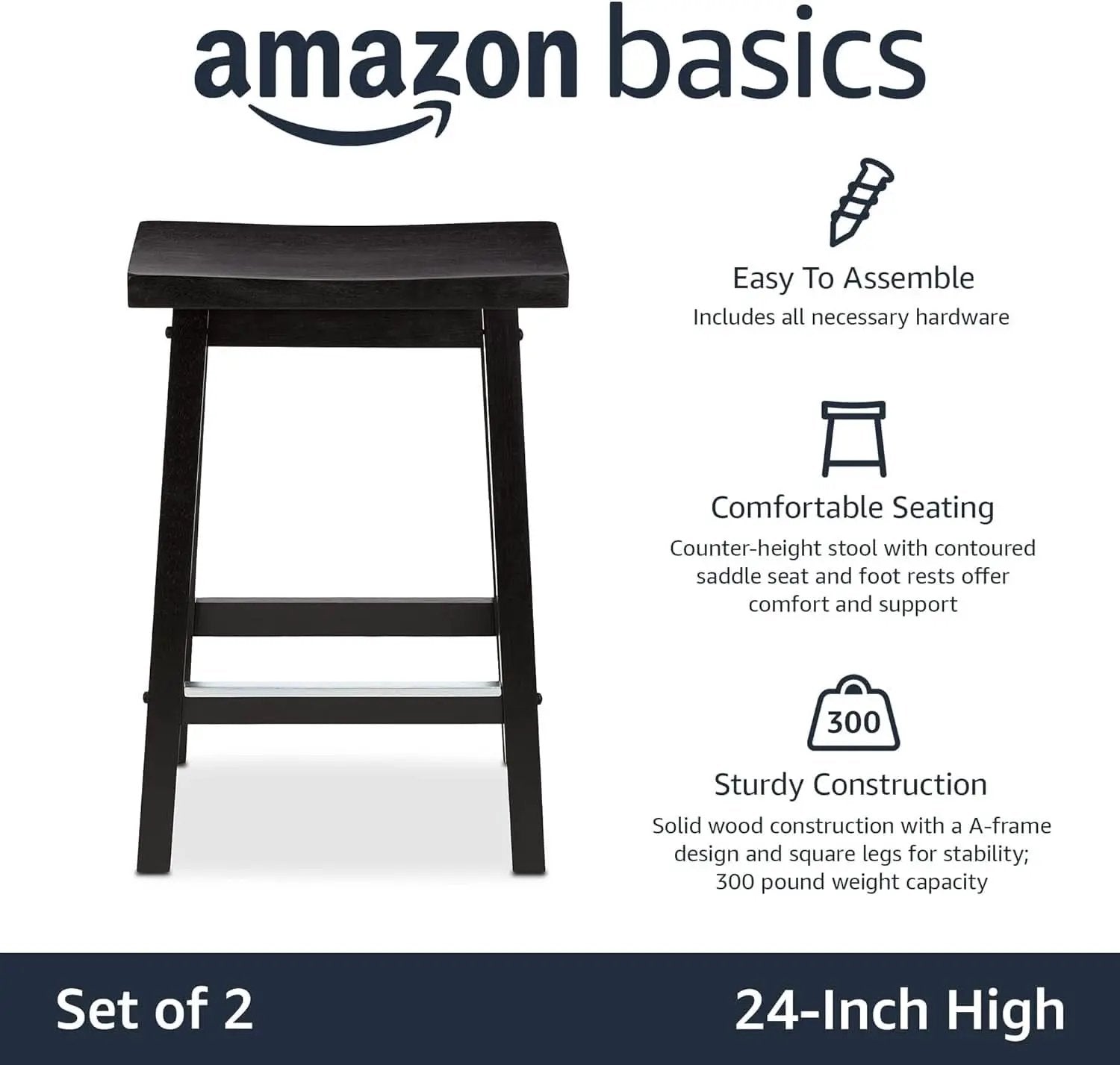 Solid Wood Saddle Bar Stool Counter Height Set 2 Black 24In from PriceLows™