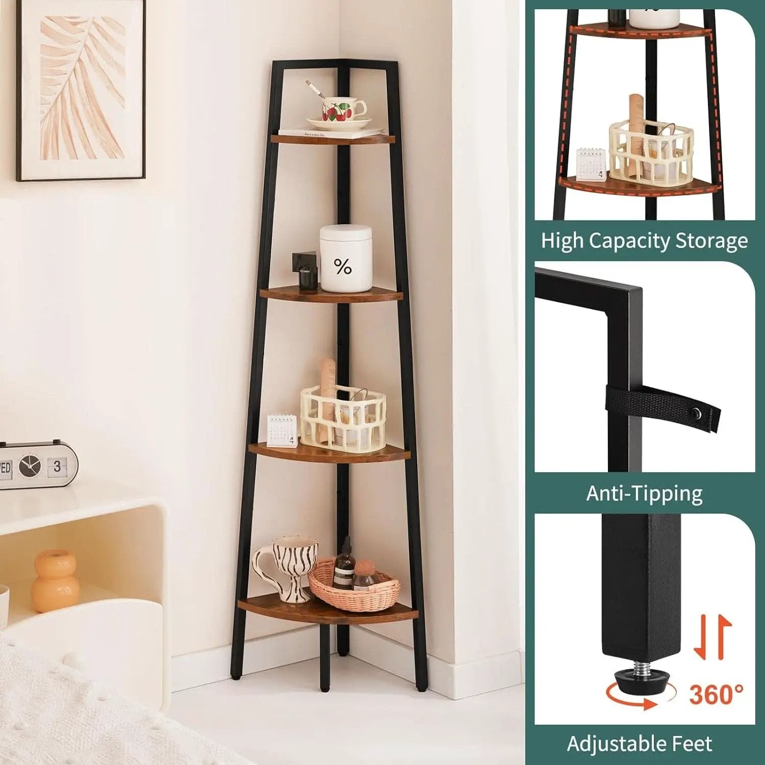 4 Tier Corner Bookshelf With Metal Frame Ladder Display from PriceLows™