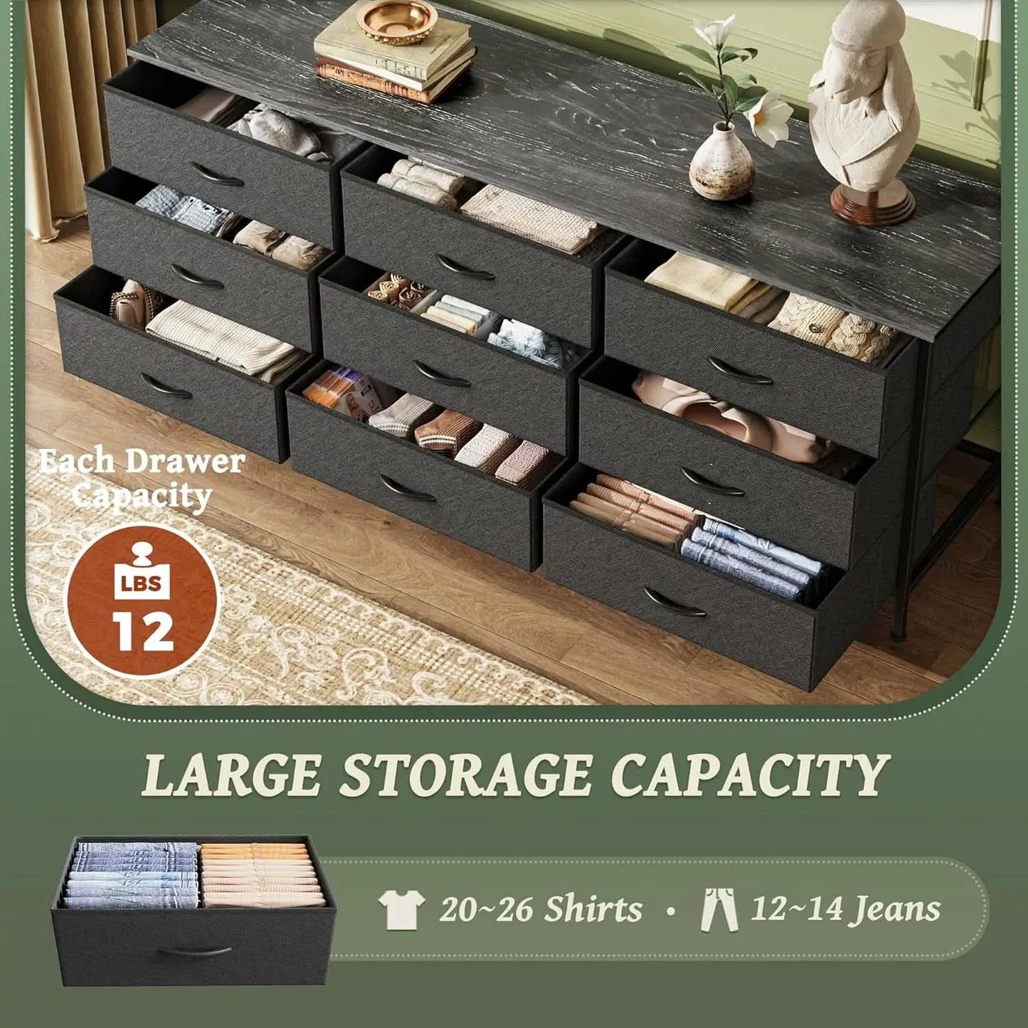 9 Drawer Dresser TV Stand for 55 Inch TVs Black Storage from PriceLows™
