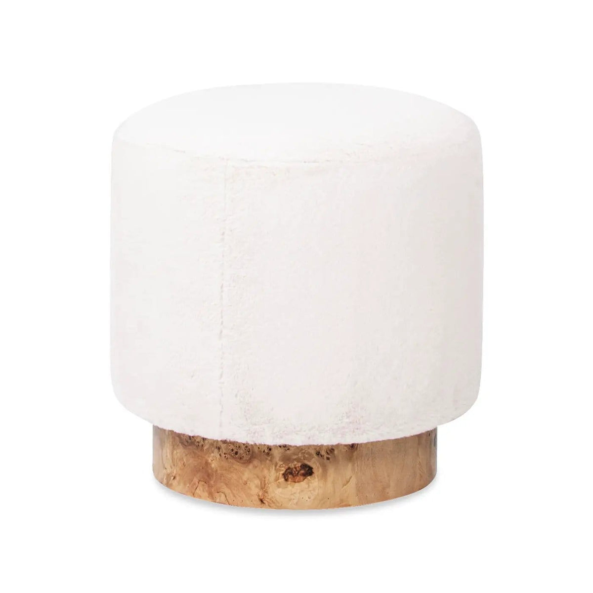 Tilly Round Fur Upholstered / Burl Pouf Ottoman | 16.5 x 16.5 x 17.5 in | Veneer & Wood | White