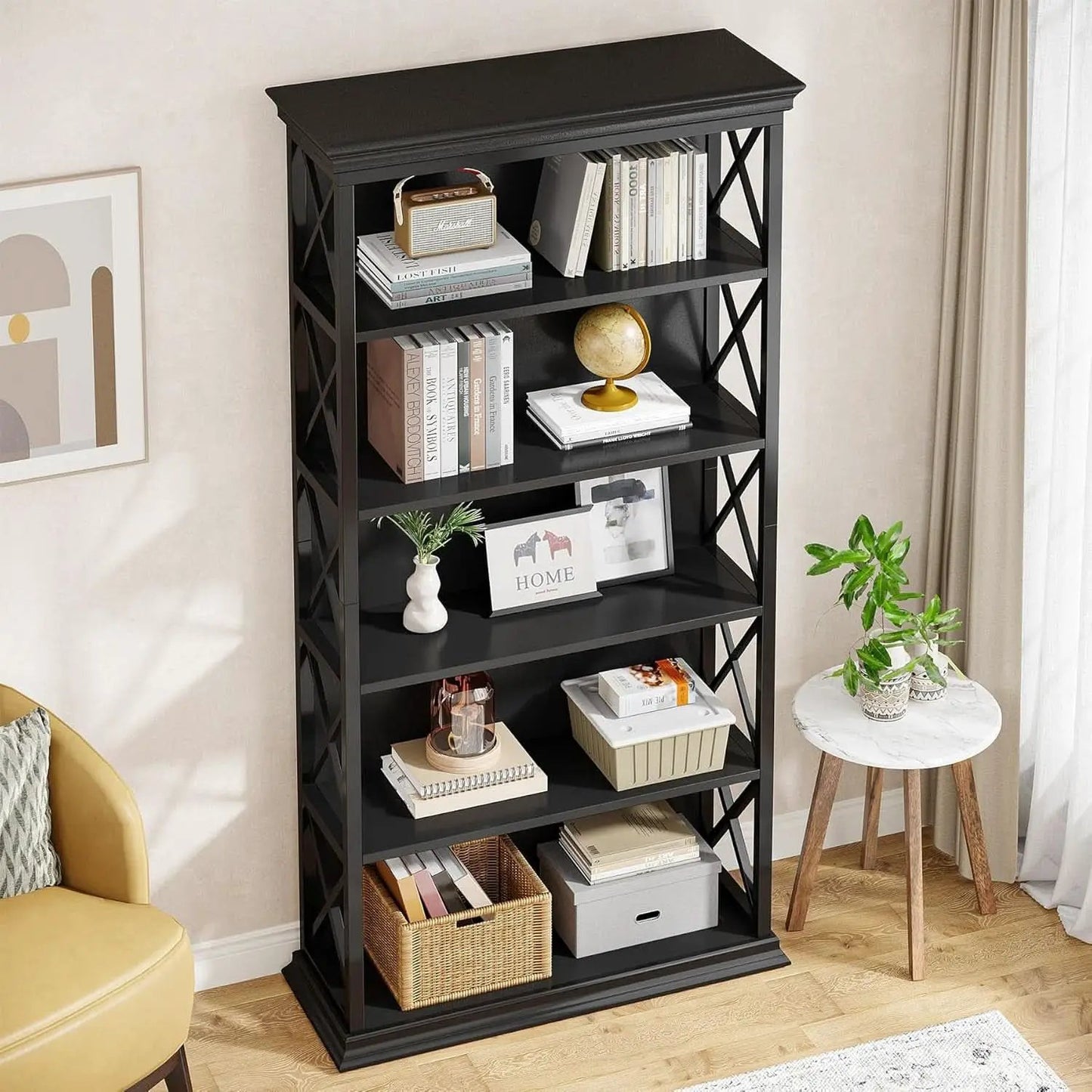 71 Inch 6 Tier Industrial Bookcase Floor Standing All Black from PriceLows™