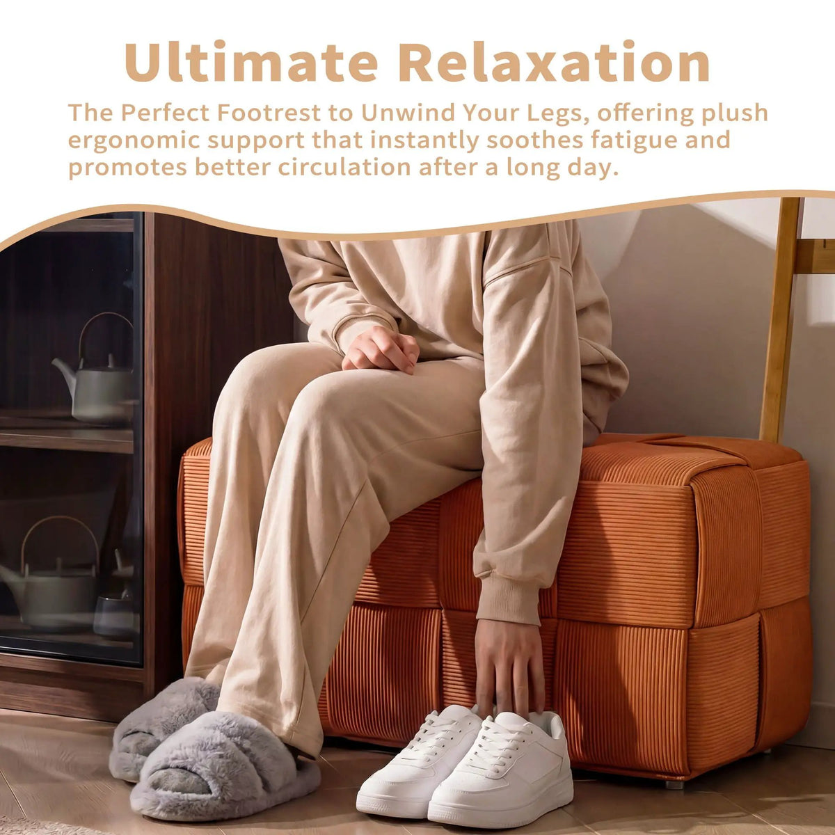 Modern Ottoman Foot Rest | Woven Design | Engineered Wood Frame | 14.2 Inch Cube