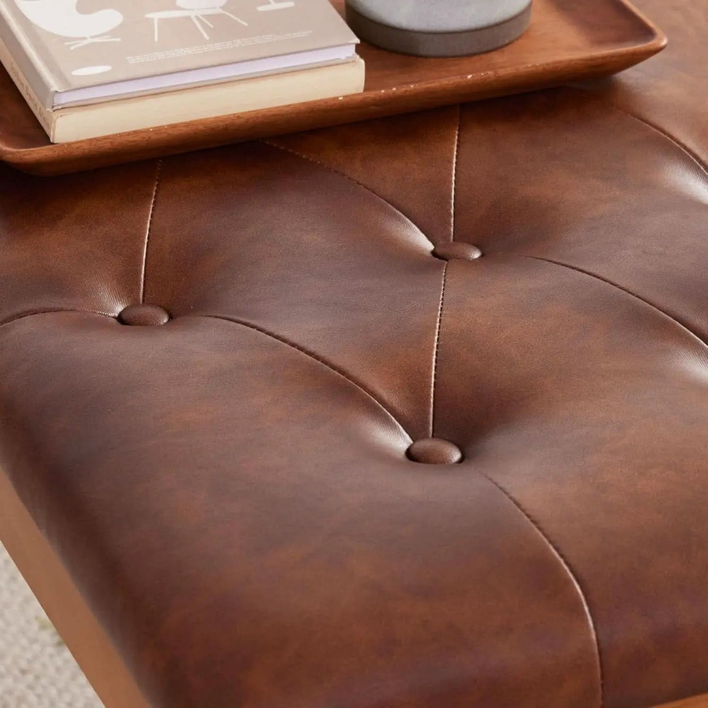 Oversized Brown Faux Leather Upholstered Ottoman Bench from PriceLows™