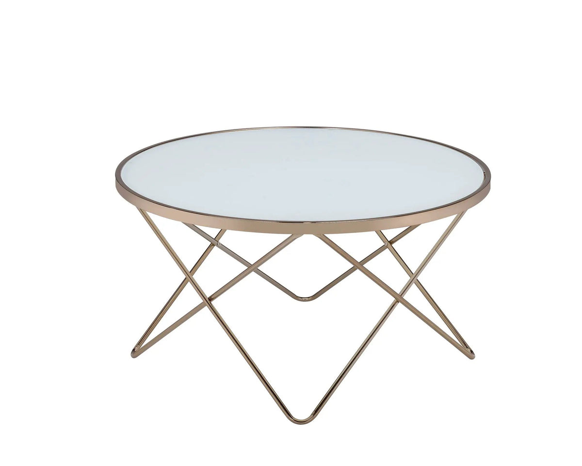 Valora Glass Coffee Table | Round 34 Inch | 5mm Smoky Glass Top | Overlapped Metal Base