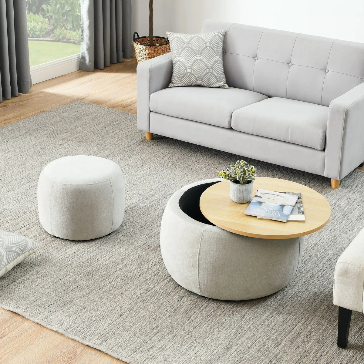 Round Storage Ottoman | Pleated Fabric | Removable Lid