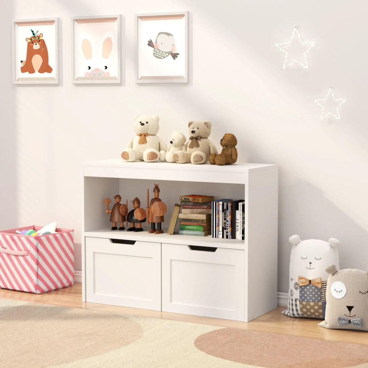 Kids Book Organizer | Two Large Drawers | Open Shelves | Removable Wheels