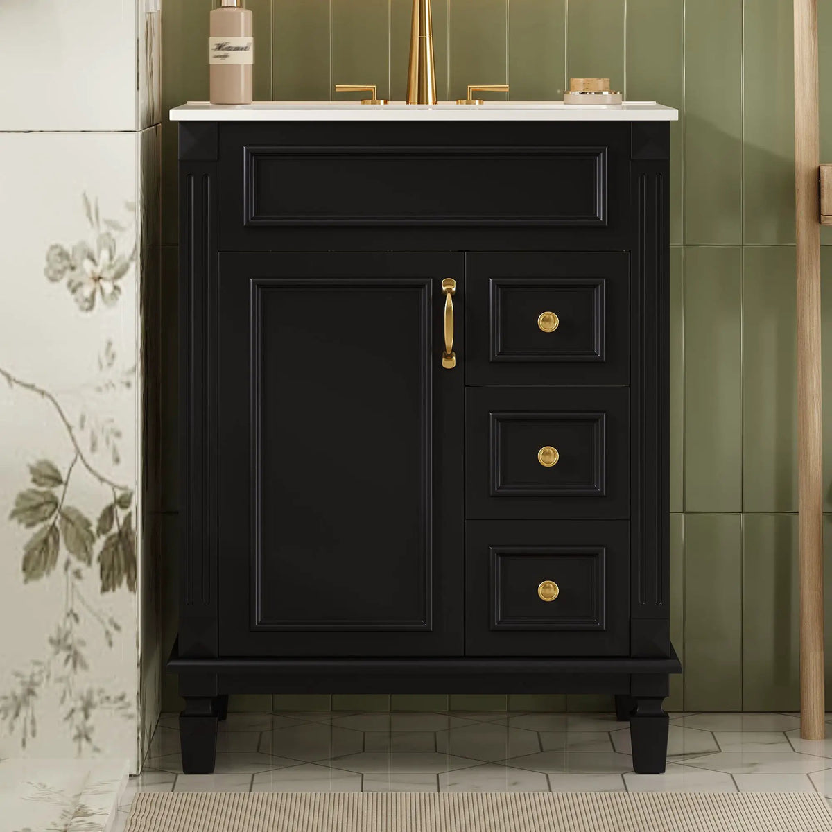 24 Inch Compact Bathroom Vanity | 2 Deep Drawers | Adjustable Shelf | Retro Button Handles