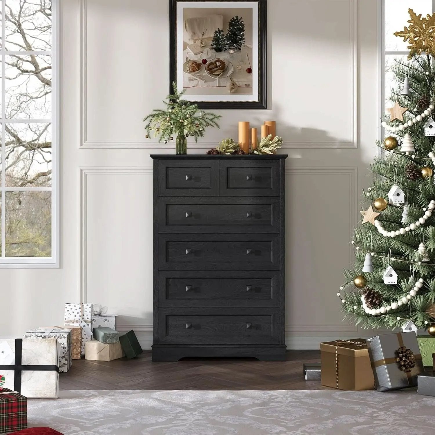 Tall Black Six Drawer Dresser Contemporary Storage from PriceLows™