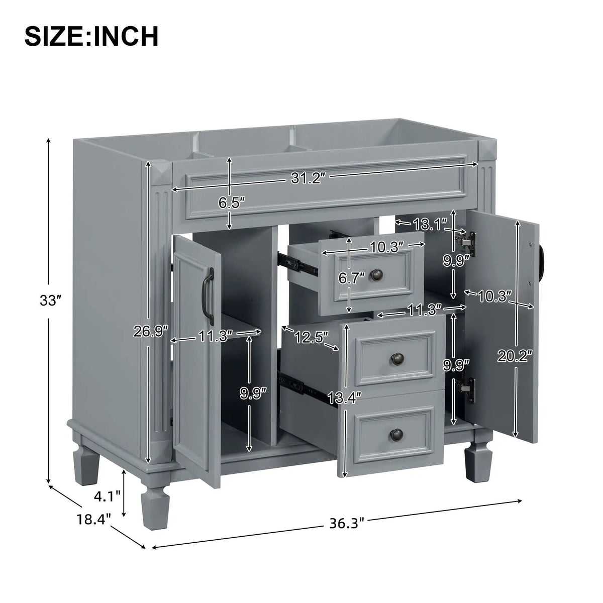Bathroom Vanity Cabinet | 35.3 Inch Width | 2 Soft Closing Doors | 2 Drawers