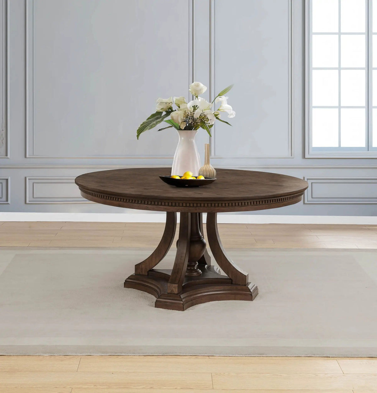 Ridgewell Round Pedestal Dining Table Dark | 60 x 60 x 30 in | Rubberwood & Engineered Wood | Oak