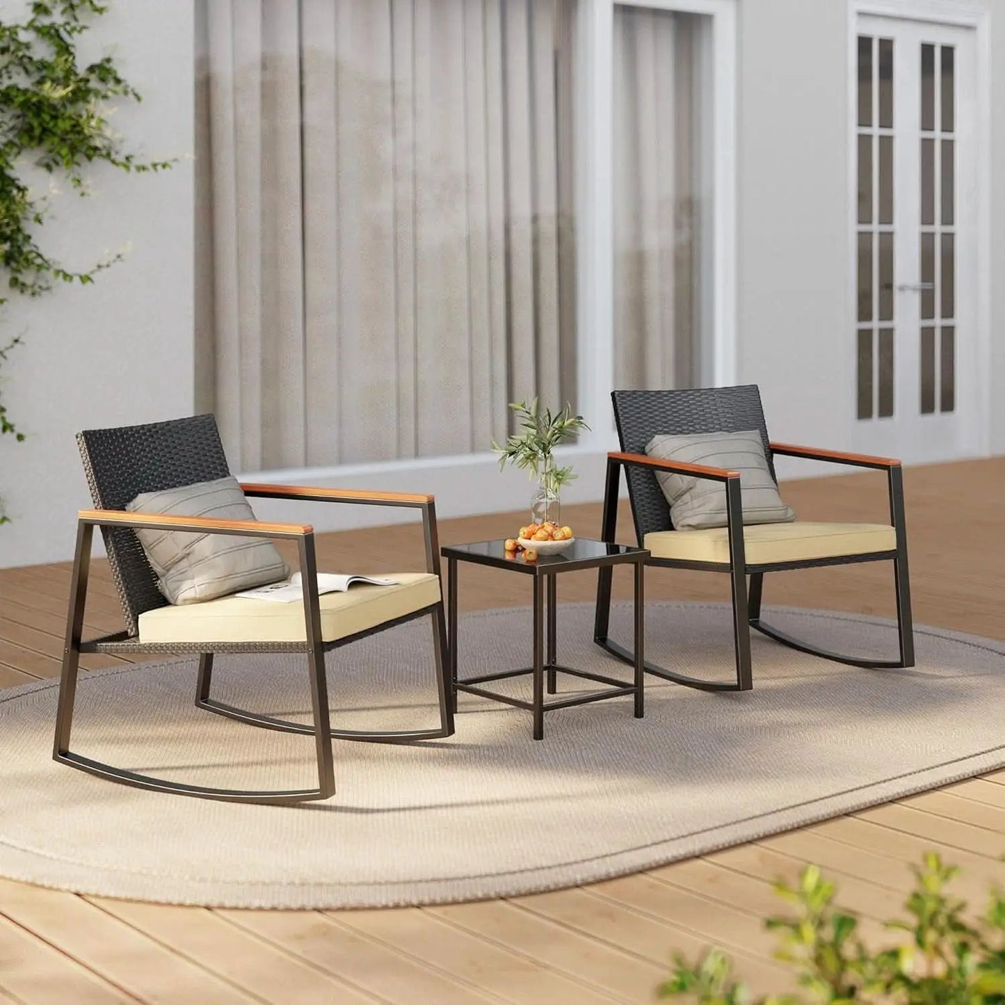 3 Piece Rocking Patio Bistro Set With Anti Scald Armrests Glass Table Cushions Outdoor Wicker Furniture from PriceLows™