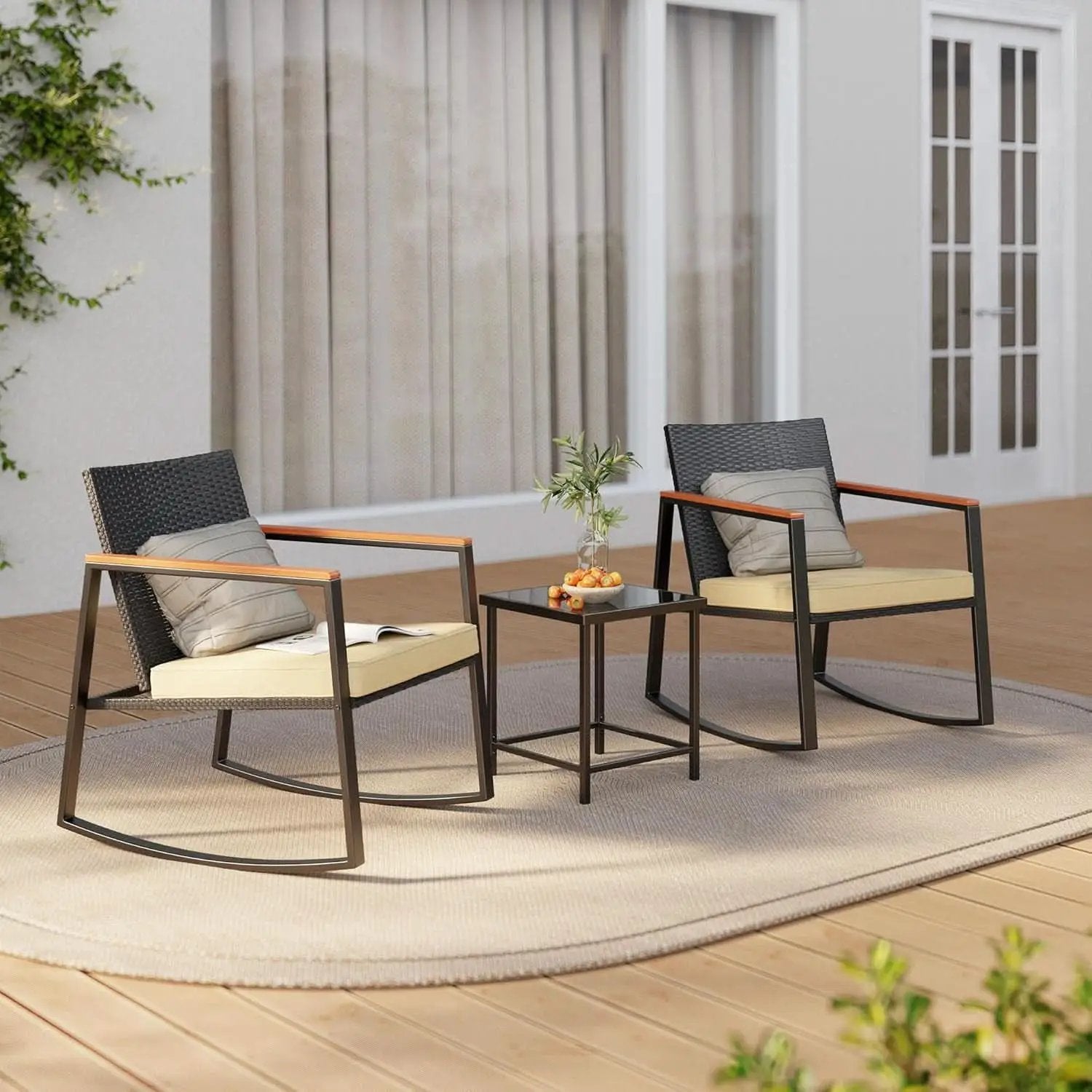 3 Piece Rocking Patio Bistro Set With Anti Scald Armrests Glass Table Cushions Outdoor Wicker Furniture from PriceLows™