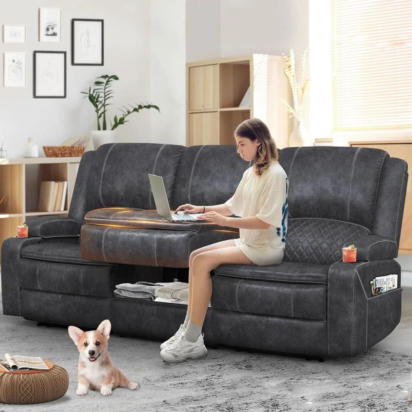Grey Three Seater Manual Recliner Sofa Modern Living Room from PriceLows™