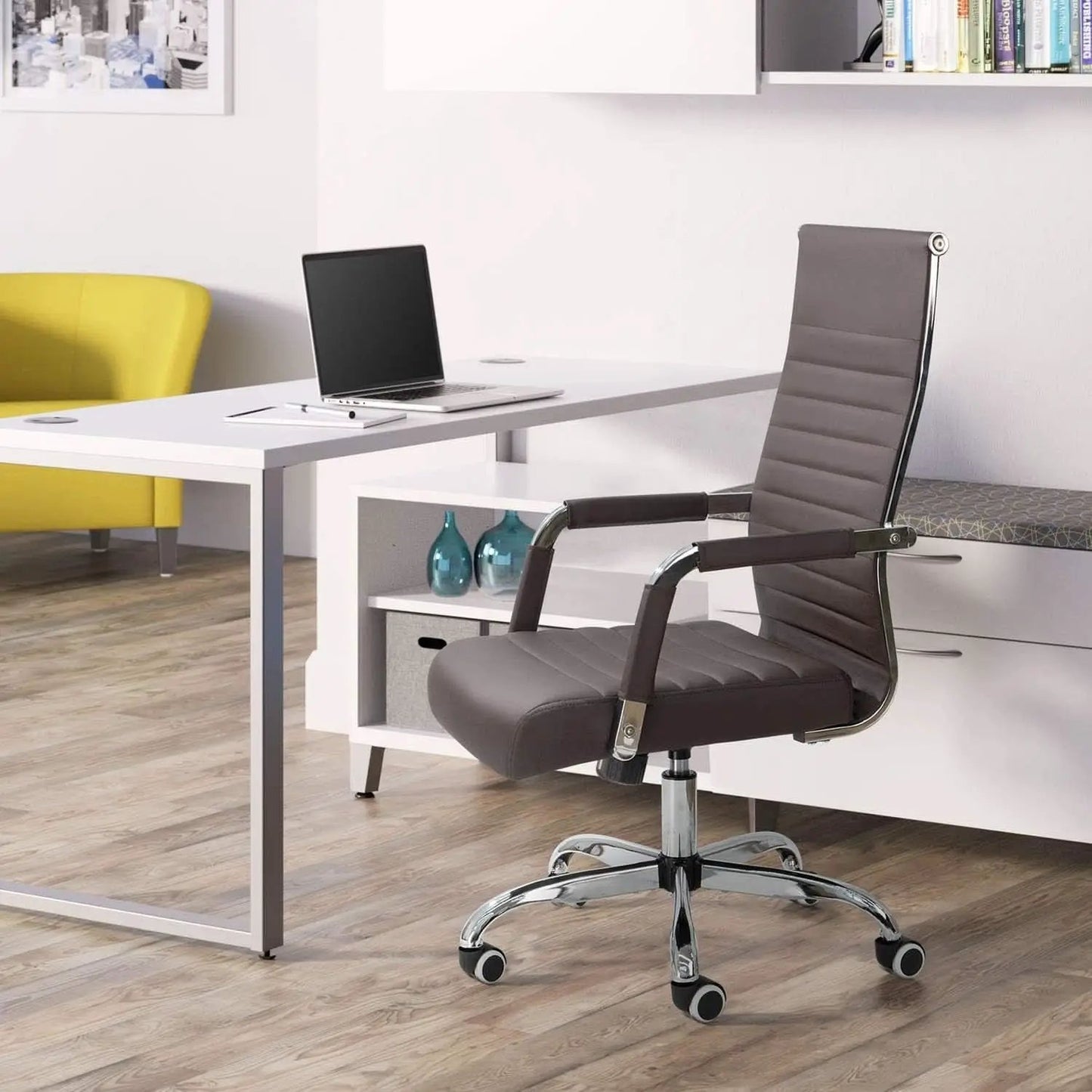 Ribbed PU Leather Office Chair With Arms Brown Adjustable from PriceLows™