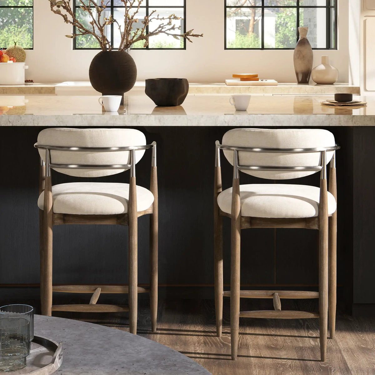Artemis Mixed Material Upholstered Counter Stool Counter Height (24"-27") | 21 x 21 x 37 in | Rubberwood | Warm White