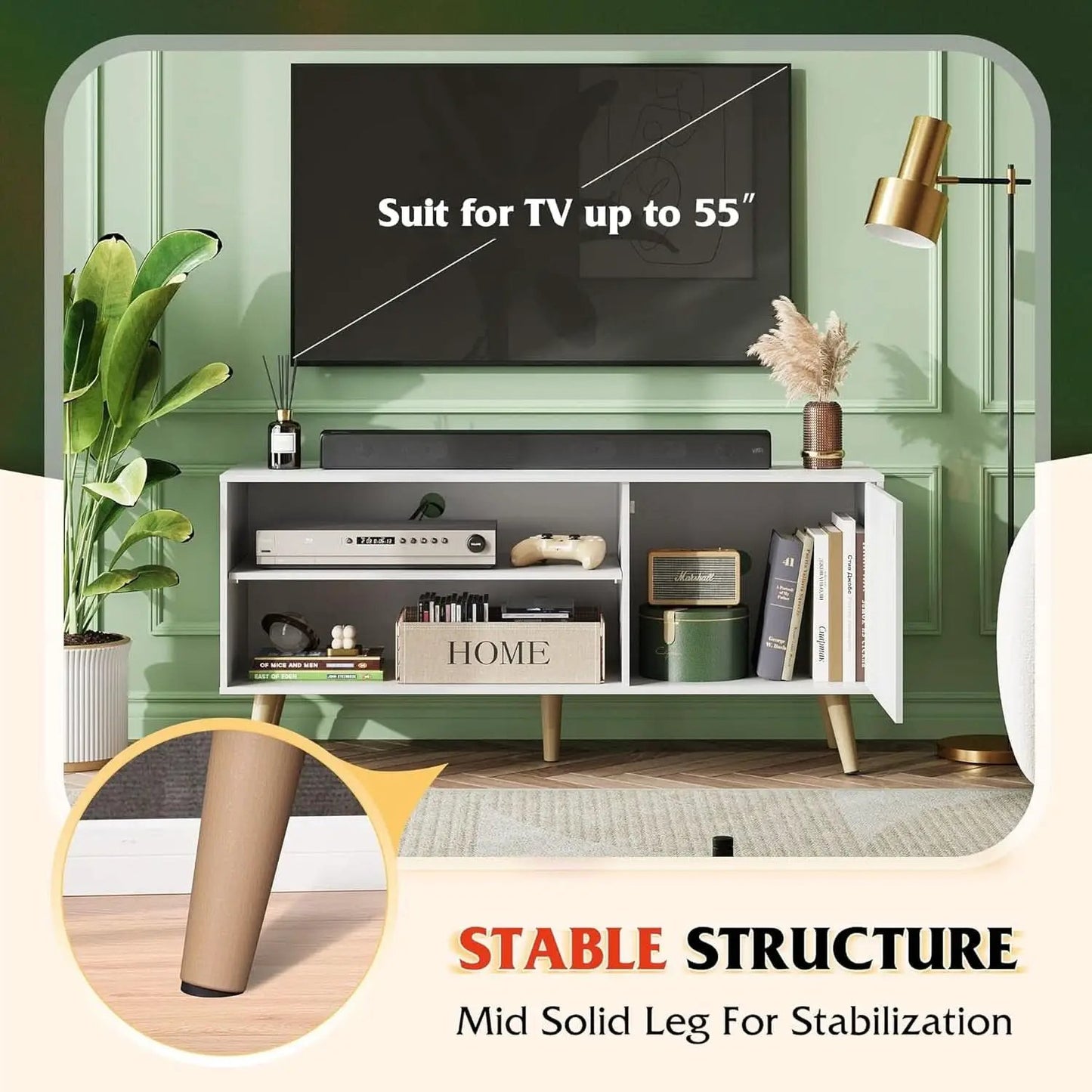 55-Inch TV Stand White Mid-Century Modern Storage Shelves from PriceLows™
