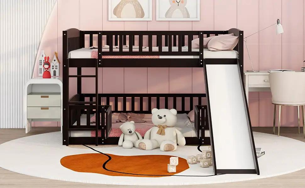 Low Bunk Bed With Slide | Fence And Ladder | Built-In Play Area | Kids Bedroom