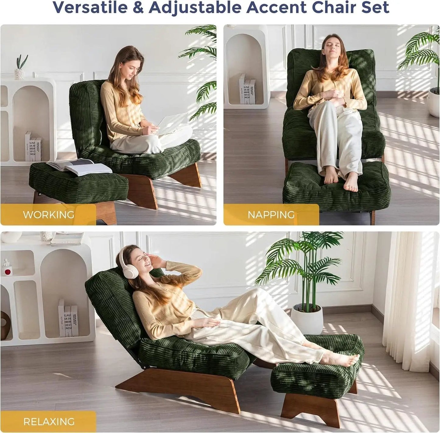 Green Adjustable Backrest Accent Chair With Ottoman from PriceLows™