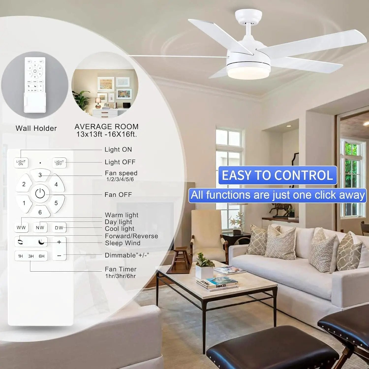 52 Inch White Ceiling Fan With Dimmable LED Lights from PriceLows™