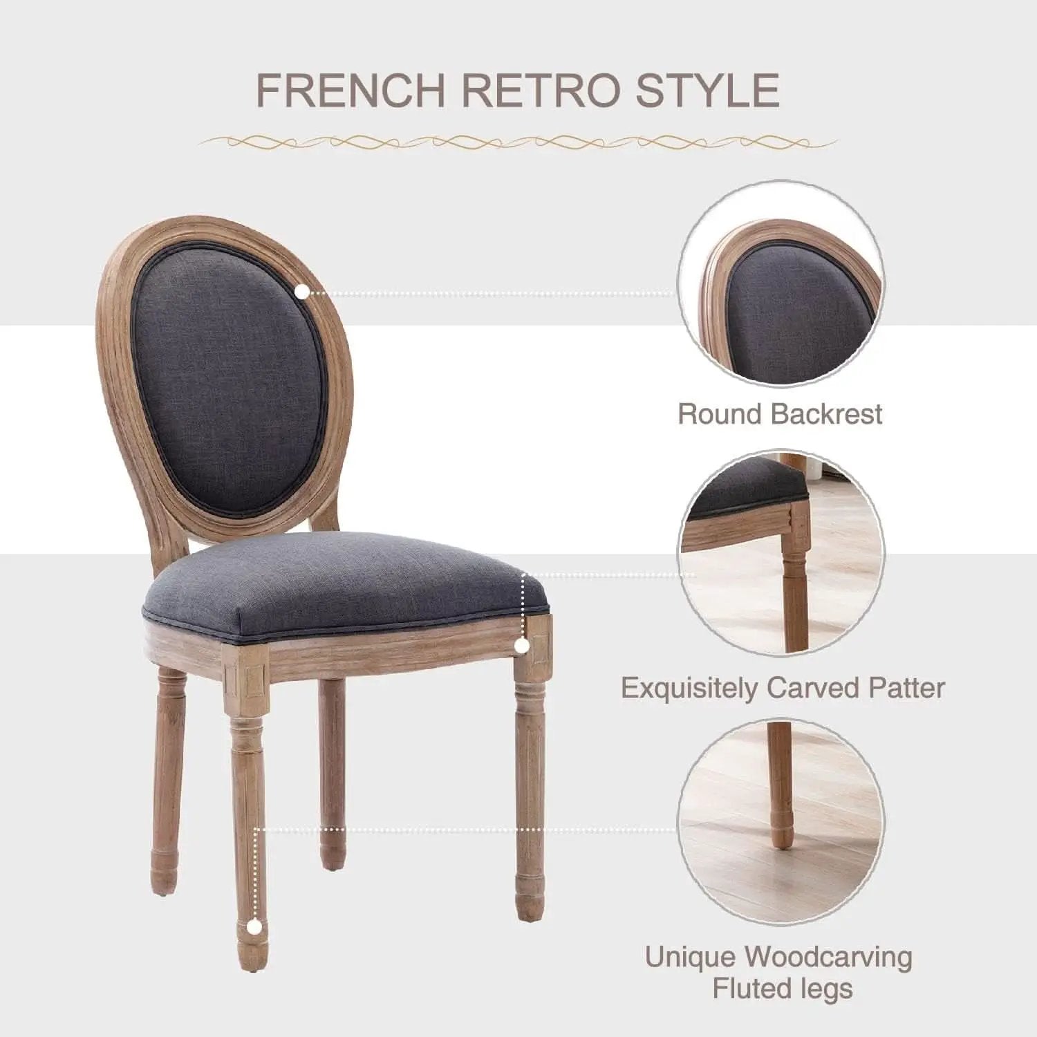 Set Of 4 French Vintage Dining Chairs Solid Wood Frame Tufted Fabric from PriceLows™
