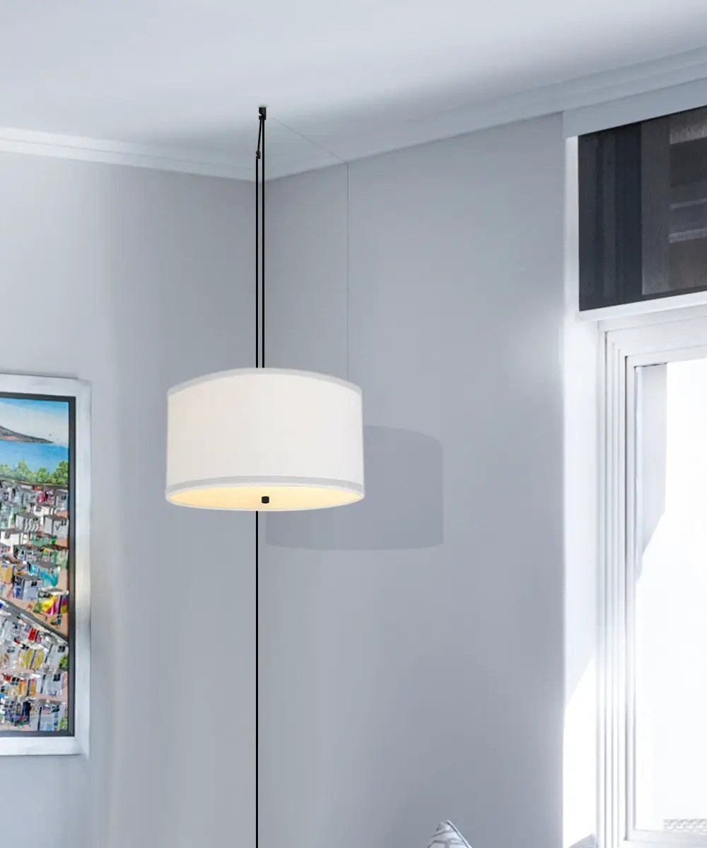 2 Light Swag Plug-In Pendant | White Linen | Black Cord, 18W