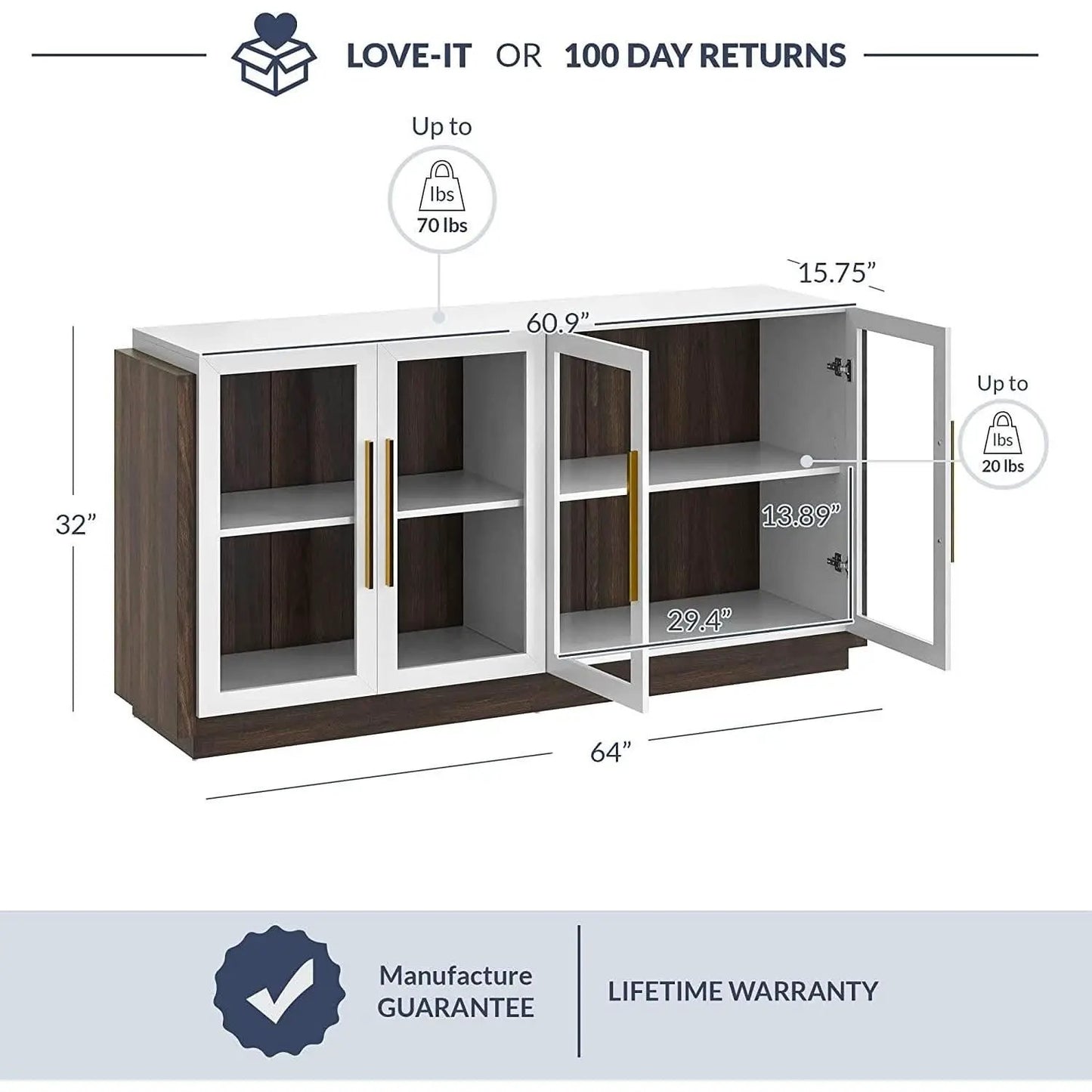 Brixston Modern Wood Glass Buffet Cabinet 64 Inch Wide from PriceLows™