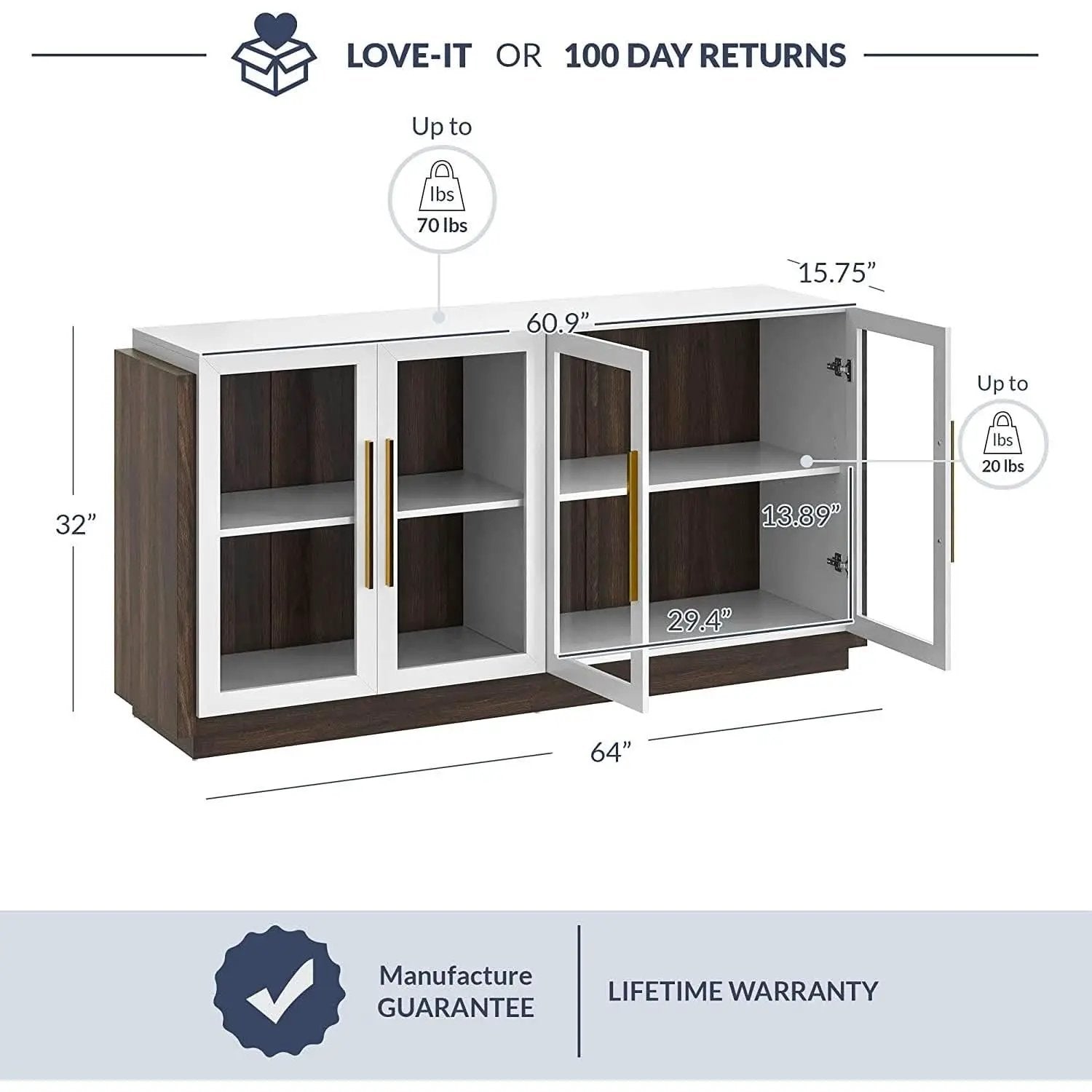 Brixston Modern Wood Glass Buffet Cabinet 64 Inch Wide from PriceLows™