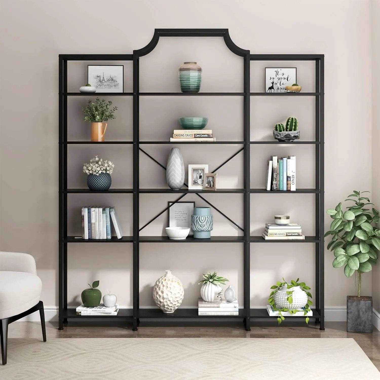 Triple Wide Five Tier Bookshelf For Living Room Organization from PriceLows™